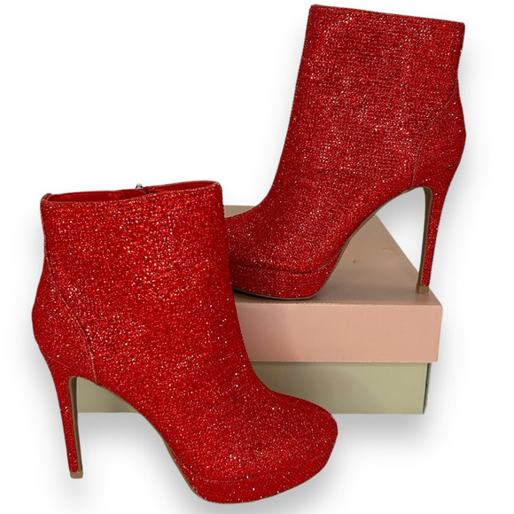 NEW Macy's Thalia Sodi Red Rhinestone Stiletto Boots 6.5 Y2K Formal Fancy Heels - Picture 1 of 10
